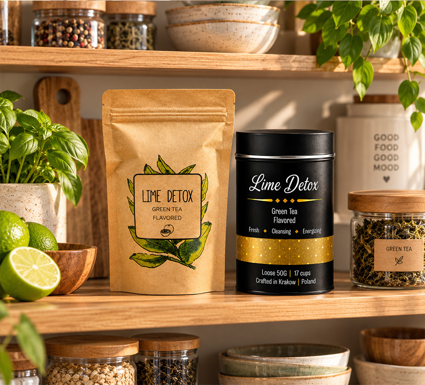 Lime Detox Leo Tea – warianty opakowań: puszka, doypack i kubek tekturowy